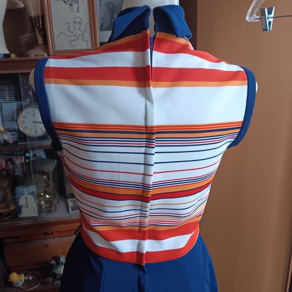 Medium Vintage Sleeveless Striped Mod Dress Stretch Polyester Knit 1960's Mod - Picture 7 of 9